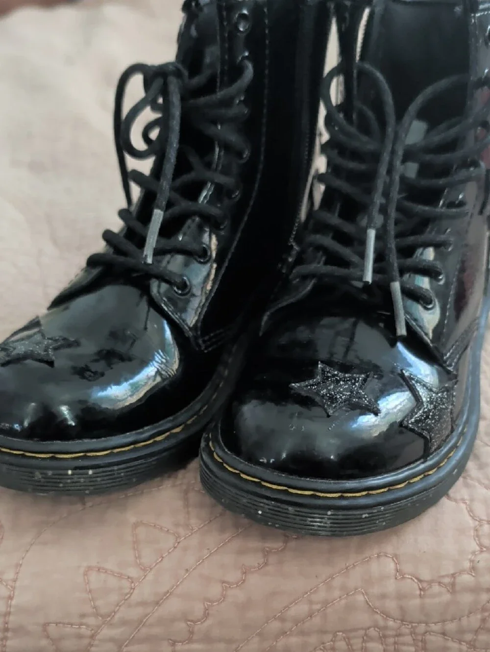 Dr. Martens Kids Black Patent Boots with Glitter Stars